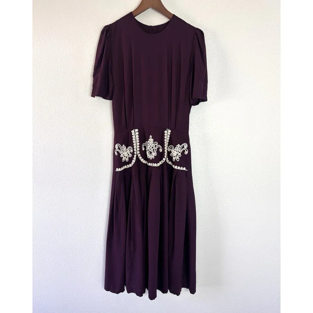 Vintage 80s Plaza South Purple Cottage core Prairie Dress White Lace Detail 10
